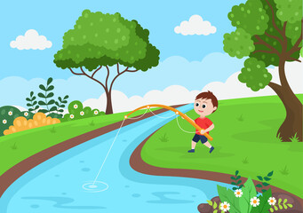 Children Fishing Fish By The River While Enjoying Quality Time At Summer Day With Hill Or Mountain View. Vector Illustration