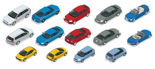 isometric high quality city transport car icon set. Urban, city cars and vehicles transport vector flat icons set. - obrazy, fototapety, plakaty