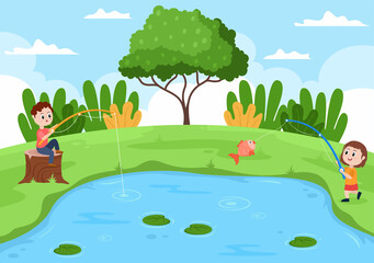 Naklejka premium Children Fishing Fish By The River While Enjoying Quality Time At Summer Day With Hill Or Mountain View. Vector Illustration