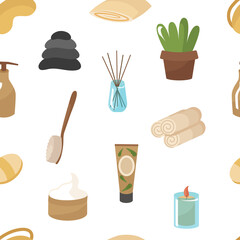 Seamless pattern cosmetics with aloe for skin care. Cream, brush, candle, towel, massage stones. Vector. Clipart for spa treatments for face and body. For printing on paper or fabric