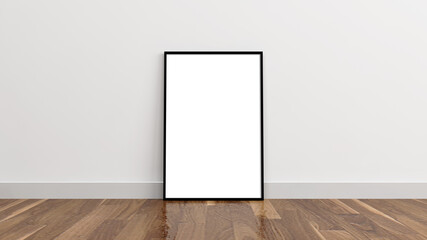 Black mockup frame. Vertical mockup of a black picture frame. Single black empty mockup frame on the floor. 3d illustration.	