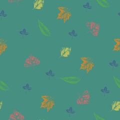 pattern with autumn leaves on a dark turquoise background. Vector grunge leaf print. Vector seamless pattern. Printing on fabric, wallpaper, packaging, stylization under a stamp or an imprint