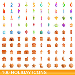 Fototapeta na wymiar 100 holiday icons set. Cartoon illustration of 100 holiday icons vector set isolated on white background