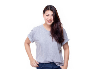 Image of feeling smile and happy. Cheerful young asian woman with brunette long hair in casual shirt smiling with teeth on white background. Female face expressions and emotions concept.