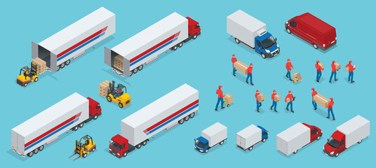 Fototapeta Isometric Logistics icons set of different transportation distribution vehicles, delivery elements. Cargo transport isolated on white background. obraz
