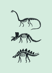 Dinosaur bones  on green  background. Funny Vector illustration Dino skeleton in Scandinavian style. Childish design for  wall print, cards.
