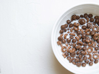 White ceramic plate with chocolate breakfast cereal and milk.