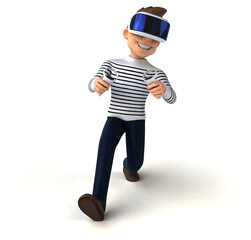 Fun 3D illustration of a cartoon man with a VR helmet