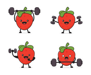 strawberry fruit cartoon with exercise equipment