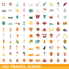 100 travel icons set. Cartoon illustration of 100 travel icons vector set isolated on white background