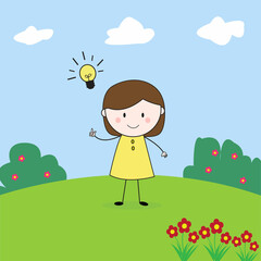 Cute Girl Got Idea In The Garden. Perfect for Childen book illustration, game assets, etc