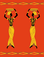 An African woman with a bowl on head. Folk African seamless pattern design. Illustration on a red background