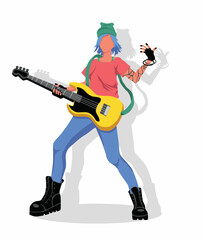 Girl plays the electric guitar. A teenage girl with blue hair and tattoos on her arm is engaged in music. Illustration in flat style