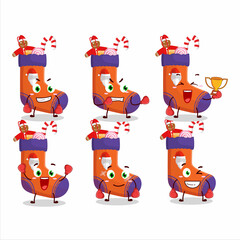 A sporty christmas socks with gift boxing athlete cartoon mascot design
