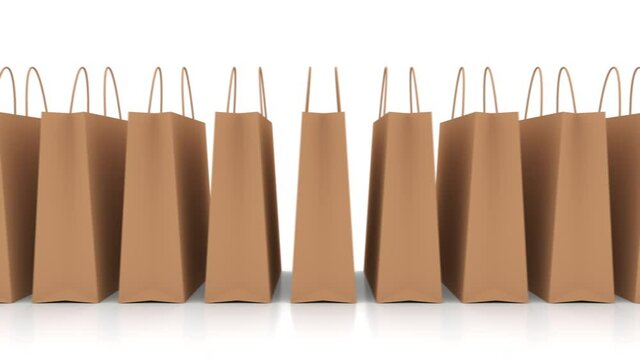 Retail paper shopping bag isolated on the white background. Internet marketing online trading concept of consumer packaging goods and food in box. Papers packets rotating in store, loop 3d animation.