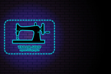 Tailor shop. Repair and sewing of clothes. Vector Neon symbol with workspace