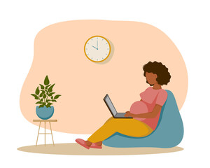 Cute pregnant woman working from home with laptop while sitting in a bag chair. Freelance, coworking concept. Vector illustration. Flat design.