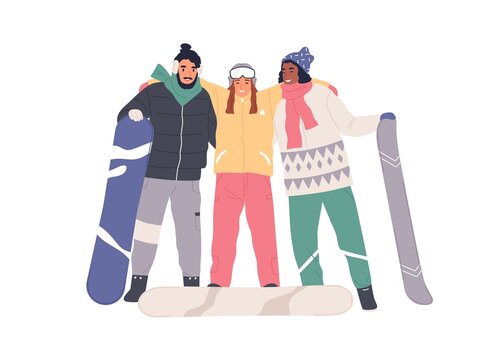 Portrait of happy young people in winter sports equipment with snowboards. Snowboarders friends standing with snow boards and hugging. Colored flat vector illustration isolated on white background