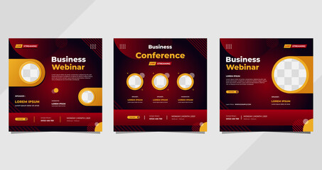 Set of business webinar social media post template with geometric background and circle frame