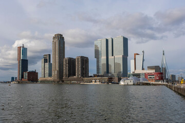 Obraz premium The Netherlands. Skyline of Rotterdam With Erasmus Bridge and Kop van Zuid