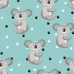Seamless pattern with cute koala baby and footprint on color background. Funny australian animals. Card, postcards for kids. Flat vector illustration for fabric, textile, wallpaper, poster, paper © Alla