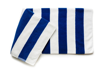 Folded soft terry blue and white towel on white background, top view