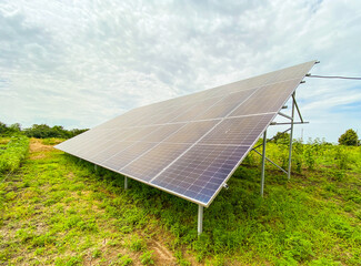 Solar panels installation: Solar panel on blue sky background, Alternative energy concept, Clean energy, Green energy