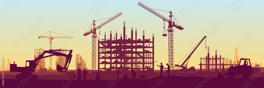 Wall mural construction site with a tower crane. construction of residential buildings. panoramic view of the c