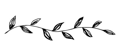 Simple hand-drawn vector drawing in black outline. Long garland of leaves, banner. Ink sketch. Horizontal branch isolated on a white background.