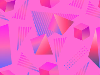 3d geometric shape seamless pattern in 80s style. Red gradient color. Isometric three-dimensional geometric shapes for printing on paper, promotional materials and fabrics. Vector illustration