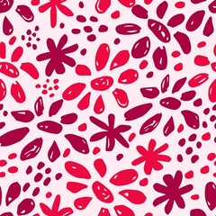 Simple abstract floral vector seamless pattern in doodle style. Burgundy, red flowers, spots, dots on a light pink background. For prints of fabric, textile products, stationery.