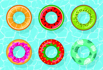 Inflatable swimming rings set looking like orange, watermelon, kiwi, donut, strawberry and tropical on water pool, Rubber float lifesaver ring, buoy children beach summer sea water theme. Vector icon.