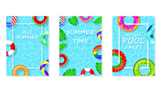 Vector bright and fun advertising poster template for pool party. Welcome to pool party flyer with swimming pool, floating rings and tropical leaves. Pool summer party, poster or banner illustration.