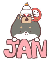 英字と黒柴犬と鏡餅と達磨