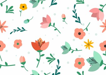 Fototapeta premium Vector flat design floral pattern, delicate flowers, yellow, blue and pink flowers, greeting card template