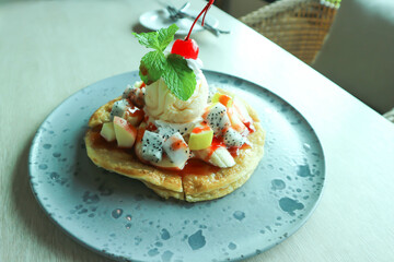 naan or roti, deep fried naan with fruit and ice cream