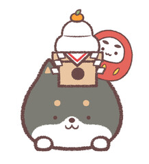 黒柴犬と鏡餅と達磨