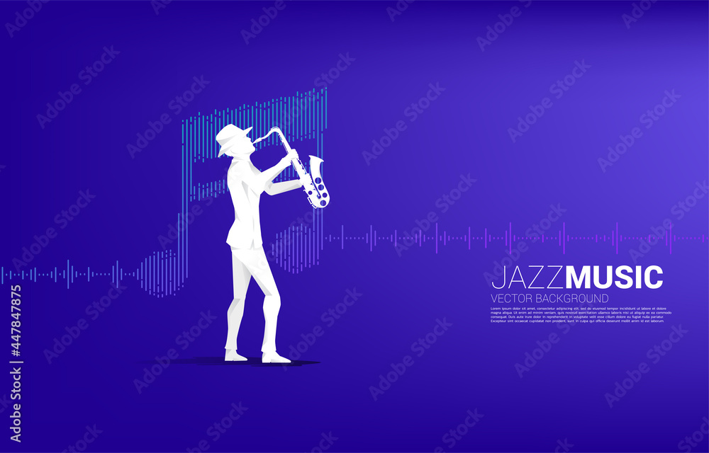 Poster vector silhouette of saxophonist with music note icon sound wave equalizer background. concept backg