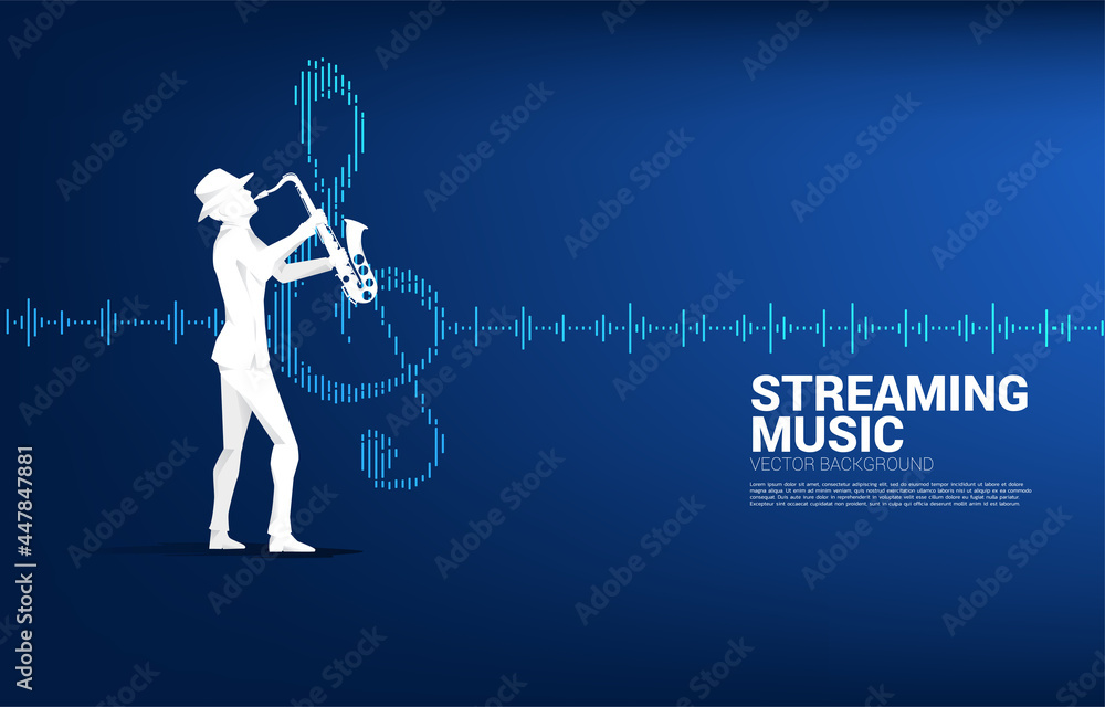 Poster vector silhouette of saxophonist with music note icon sound wave equalizer background. concept backg