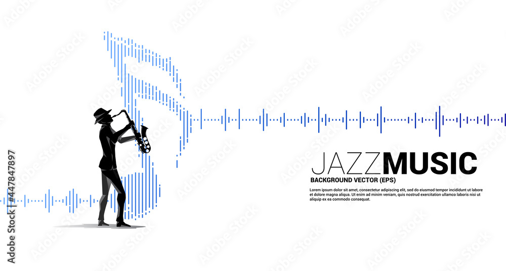 Poster vector silhouette of saxophonist with music note icon sound wave equalizer background. concept backg