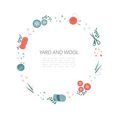 Knitting tools and yarn pattern circle border with text in a flat style vector. This template can be used for wool and yarn manufacturing, knitting business, woolen mills, yarn products.