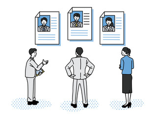 人材発掘、就職活動、面接、転職に関するイラスト(ビジネス、ミーティング、スタートアップ、採用、人事、仕事、先輩、上司) Illustrations of talent discovery, job hunting, interviews, and job changes (business, meetings , Marketing, startups )