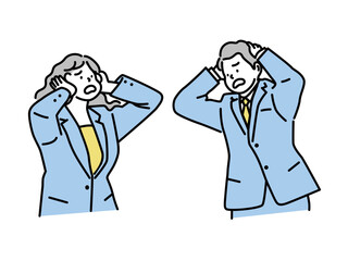 頭を抱えた男女のイラスト(悩み、トラブル、苦悩、苦痛、多忙、焦る、失敗、挫折、心配)worry ,Concerns, deadlines, distress, pain, busyness, impatience, have a headache,  Businesswoman head have smoke. Concept business 