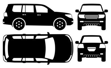 Off road truck silhouette on white background. Vehicle icons set view from side, front, back, and top