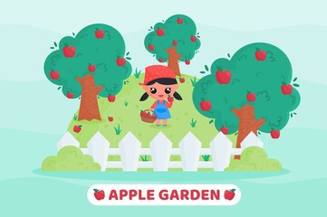 Cute little girl harvesting fruit in apple garden. cartoon illustration.