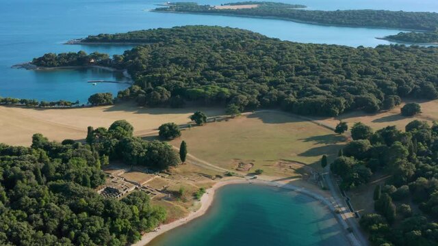 Aerial View Of Brijuni National Park With Ancient Roman Ruins In Brijuni Island, Croatia. - Drone Orbiting Shot