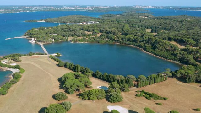 Panoramic View Of Mediterannean Salt Marsh Saline On Brijuni National Park, Group Of Islands In Croatia. - Aerial Wide Shot