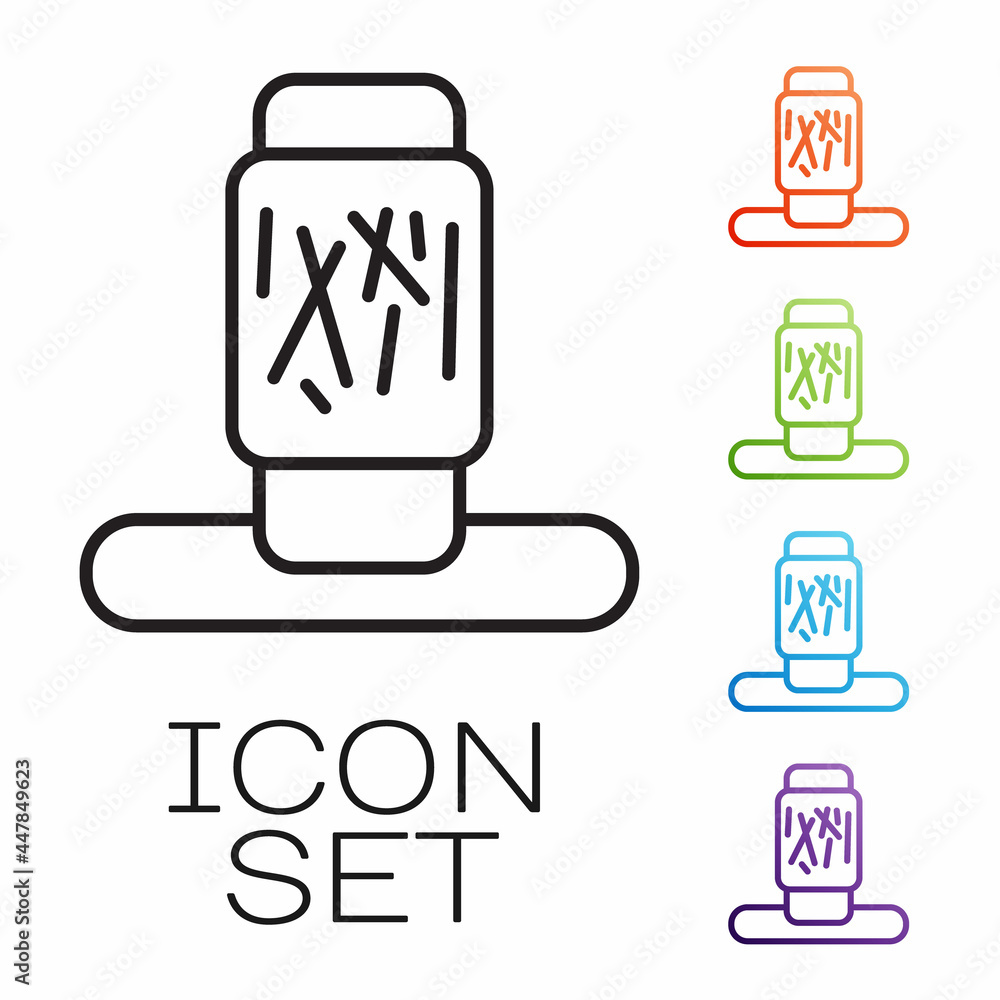Poster black line cat scratching post with toy icon isolated on white background. set icons colorful. vecto