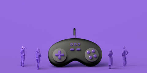 Giant gamepad watched by people. Gaming concept. Banner. App. Copy space.  3D illustration.