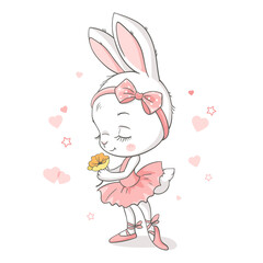 Vector illustration of a cute baby bunny ballerina in a pink tutu with yellow flower.